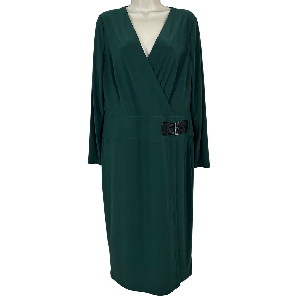 Lauren Ralph Lauren Green Faux Wrap Buckle Dress Long Sleeve 12 NWOT